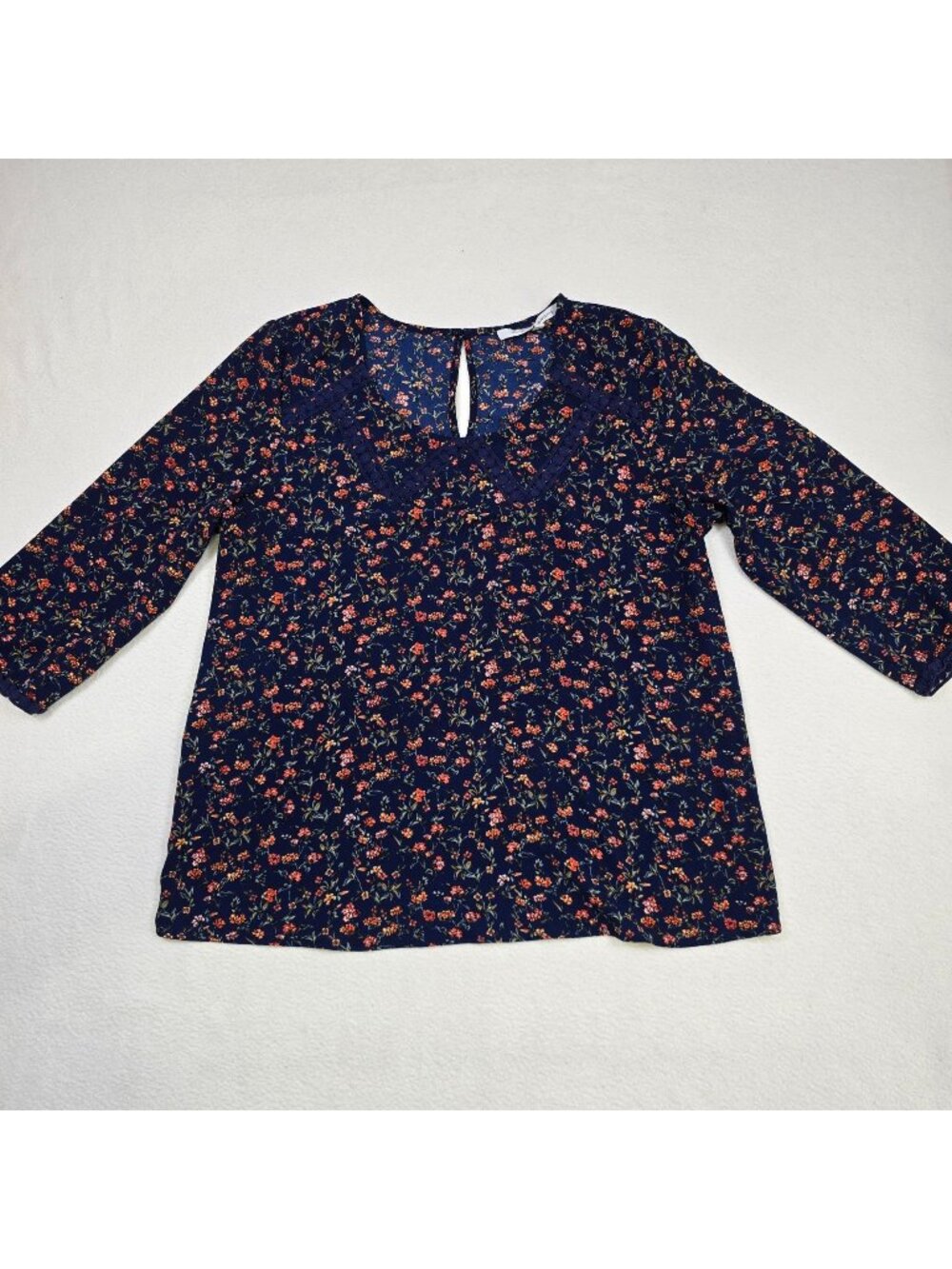 Collective Concepts Womens L Blouse Navy Floral 3/4 Sleeve Boho Peasant Keyhole